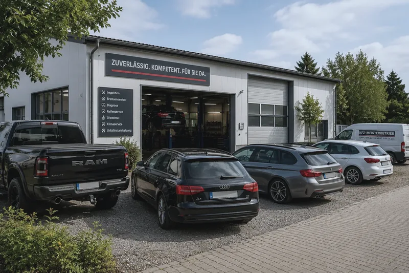 Werkstattgebäude von außen mit Kundenparkplatz und offenem Hallentor